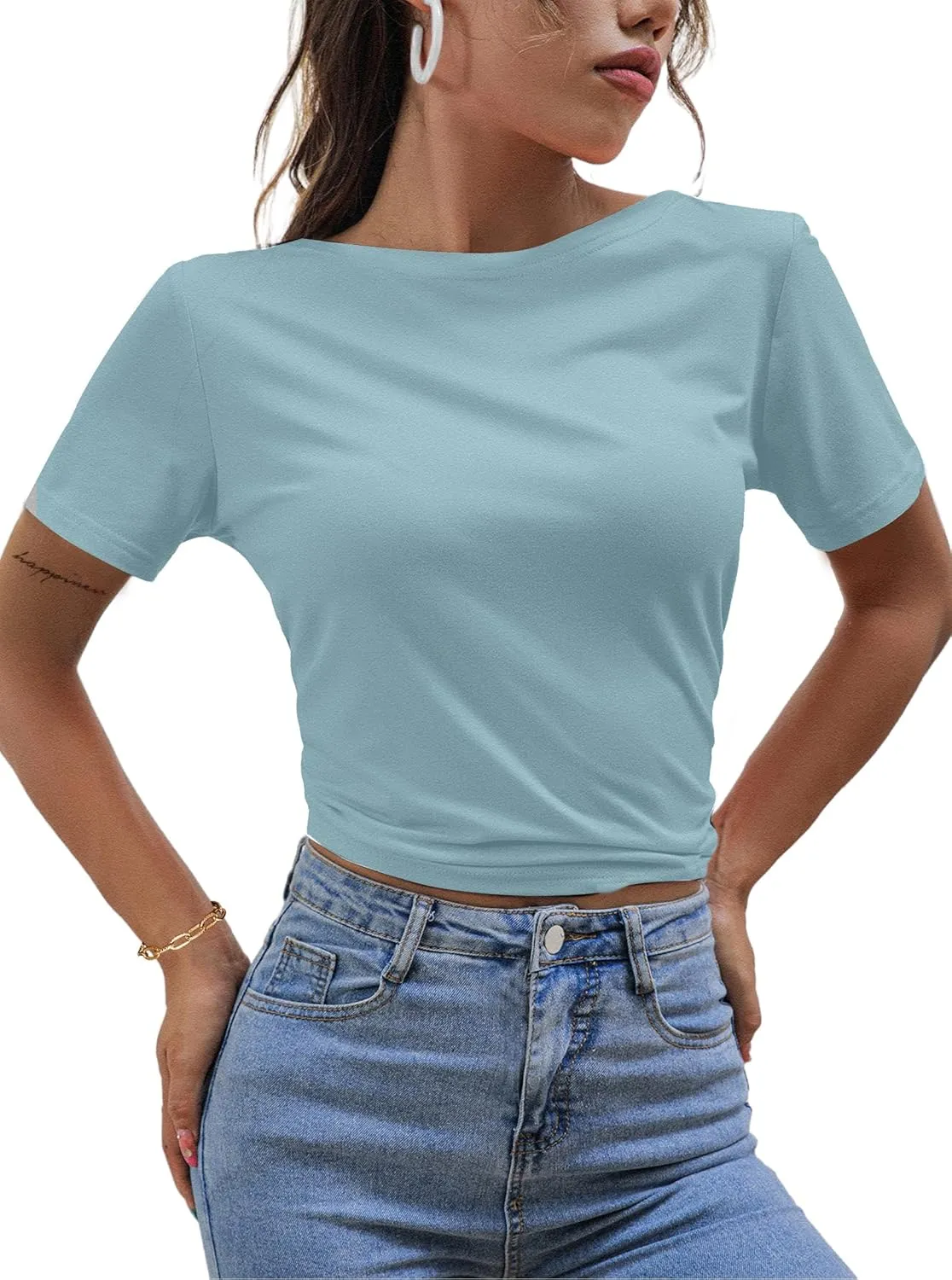 LilyCoco Backless Tops for Women Short Sleeve Sexy Crew Neck Tie Back Plain Shirt