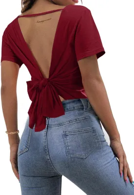LilyCoco Backless Tops for Women Short Sleeve Sexy Crew Neck Tie Back Plain Shirt