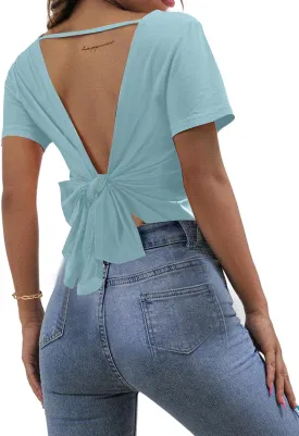 LilyCoco Backless Tops for Women Short Sleeve Sexy Crew Neck Tie Back Plain Shirt