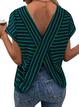 LilyCoco Womens Striped Open Back Tops Criss Cross Back Batwing Sleeve T Shirt