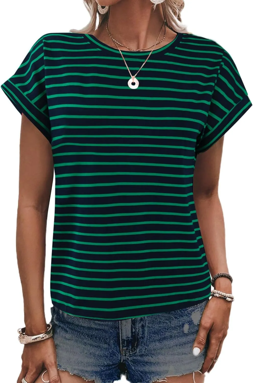 LilyCoco Womens Striped Open Back Tops Criss Cross Back Batwing Sleeve T Shirt