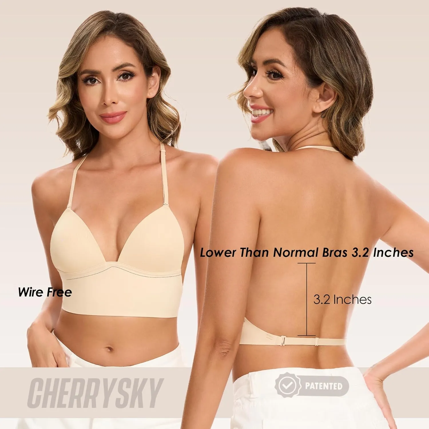 Low Back Bras for Women-Seamless Invisiable Backless Bras-Wireless Triangle Bralette Low Cut Open Back Multiway Halter Bra