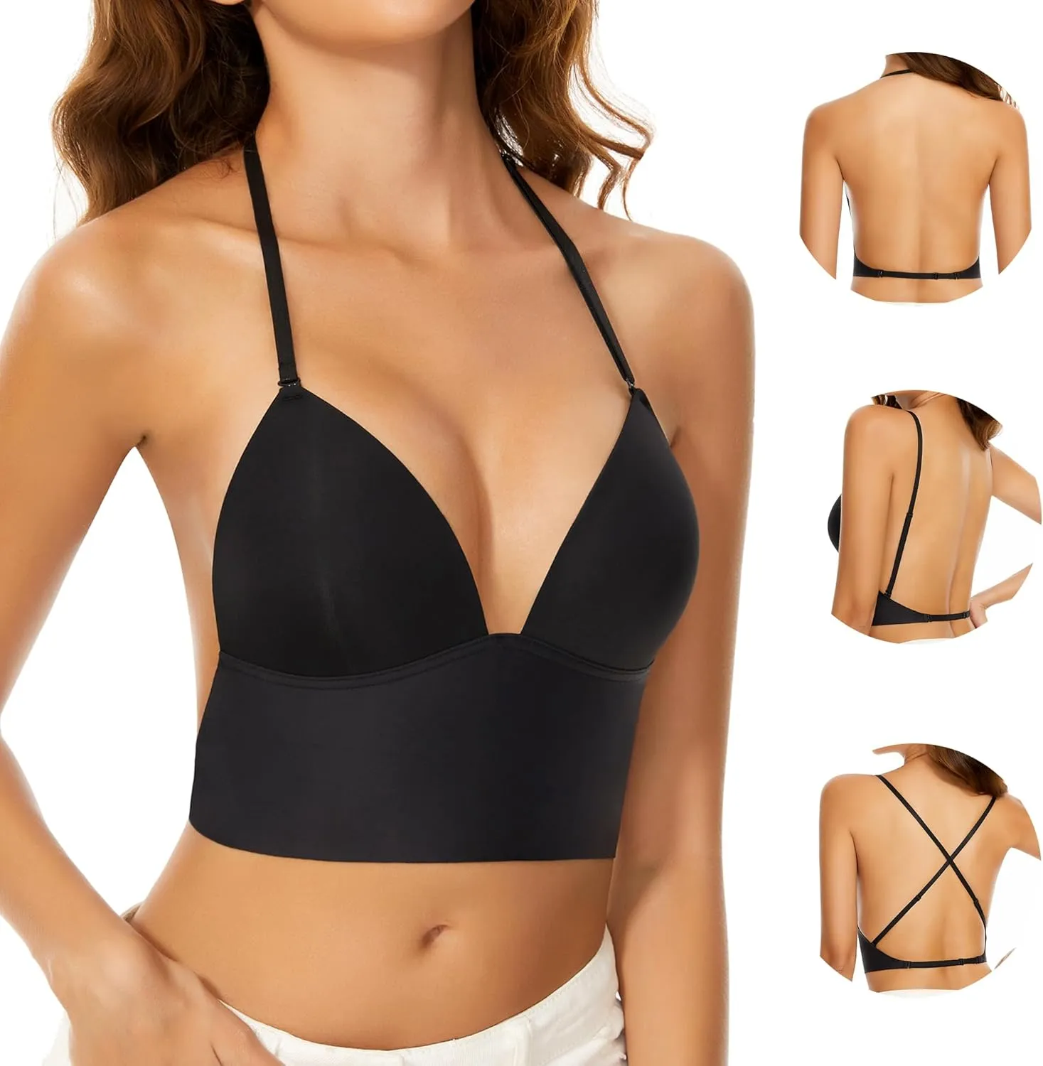 Low Back Bras for Women-Seamless Invisiable Backless Bras-Wireless Triangle Bralette Low Cut Open Back Multiway Halter Bra