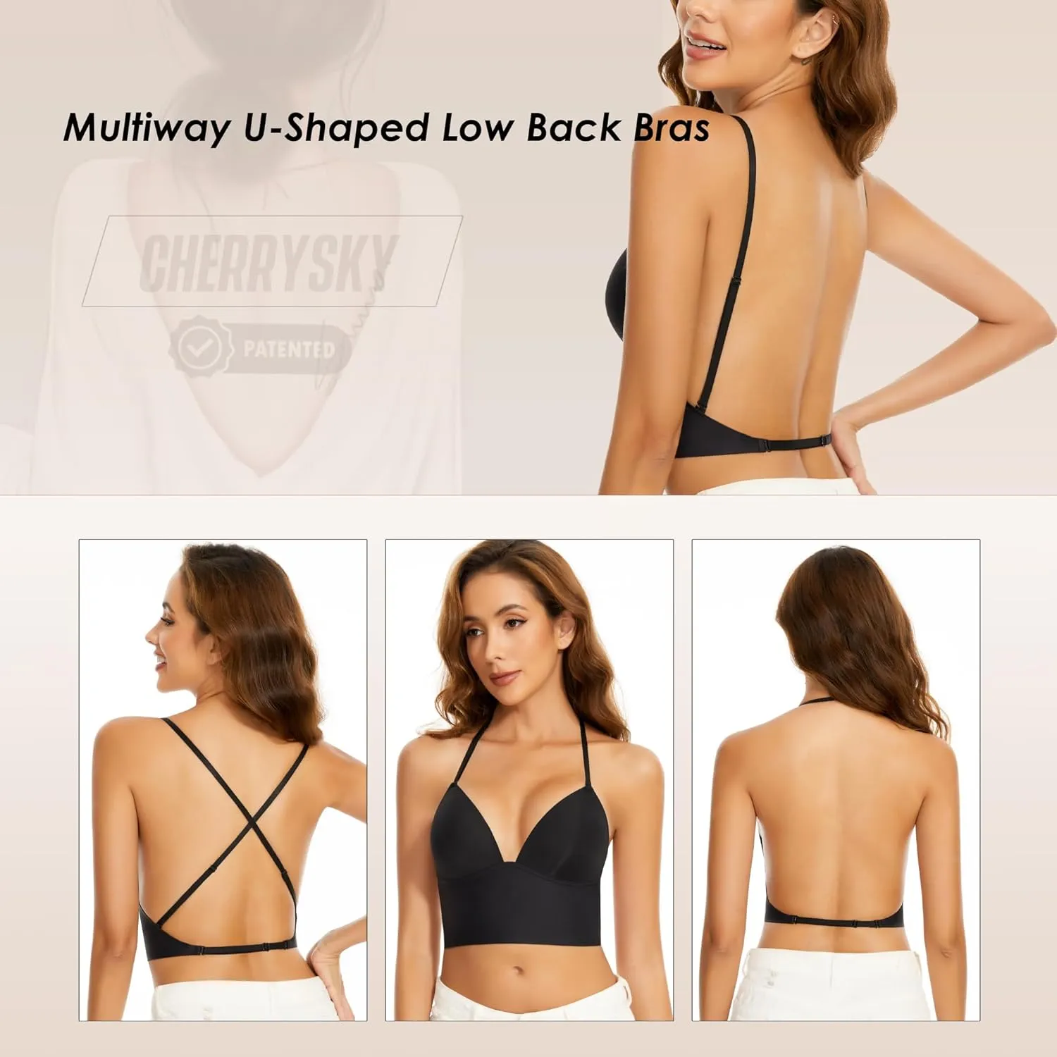 Low Back Bras for Women-Seamless Invisiable Backless Bras-Wireless Triangle Bralette Low Cut Open Back Multiway Halter Bra