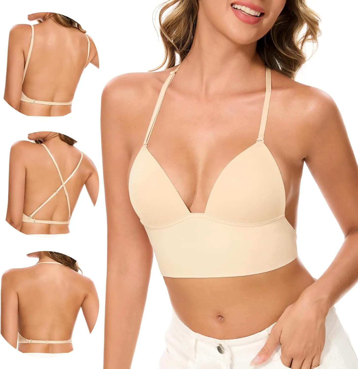 Low Back Bras for Women-Seamless Invisiable Backless Bras-Wireless Triangle Bralette Low Cut Open Back Multiway Halter Bra