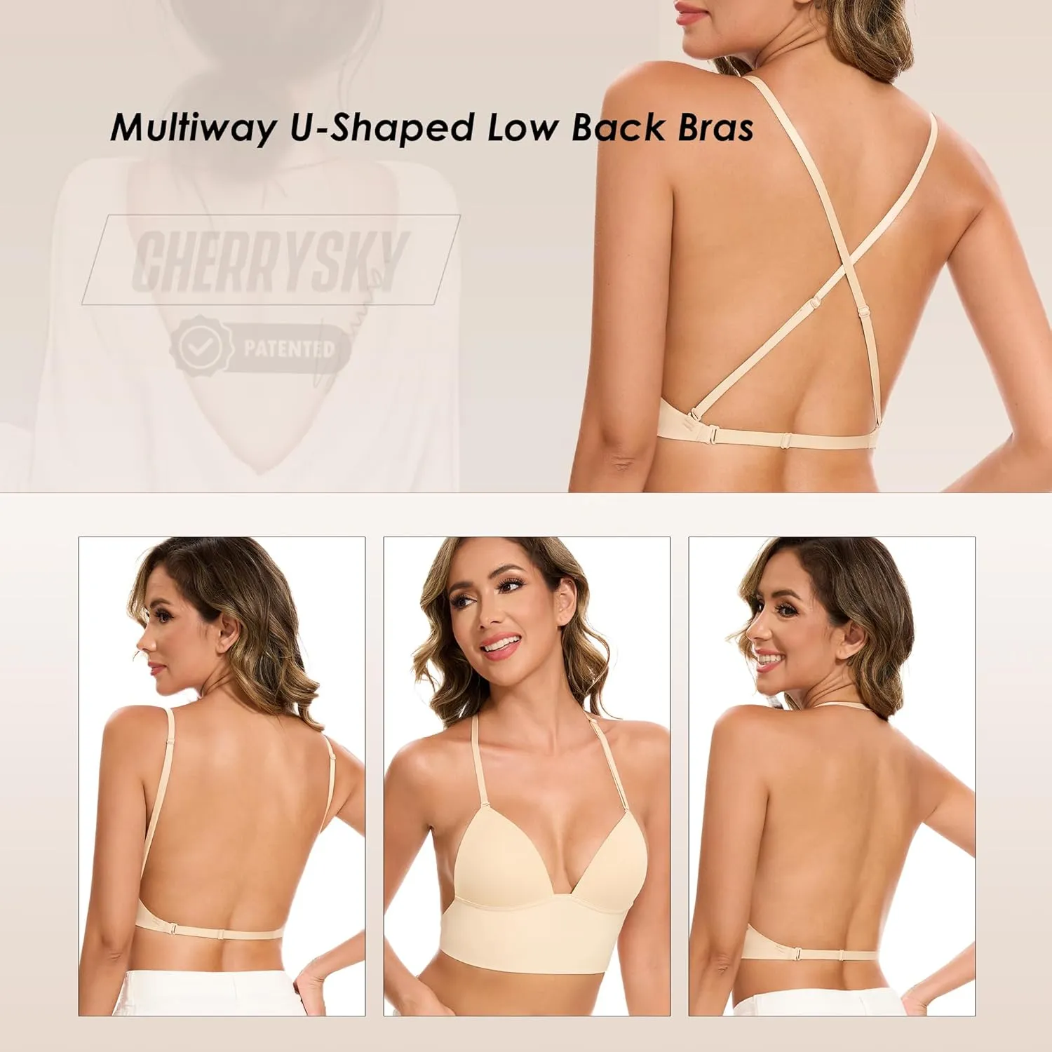 Low Back Bras for Women-Seamless Invisiable Backless Bras-Wireless Triangle Bralette Low Cut Open Back Multiway Halter Bra