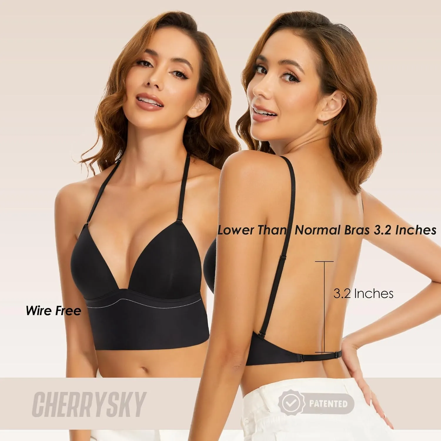 Low Back Bras for Women-Seamless Invisiable Backless Bras-Wireless Triangle Bralette Low Cut Open Back Multiway Halter Bra