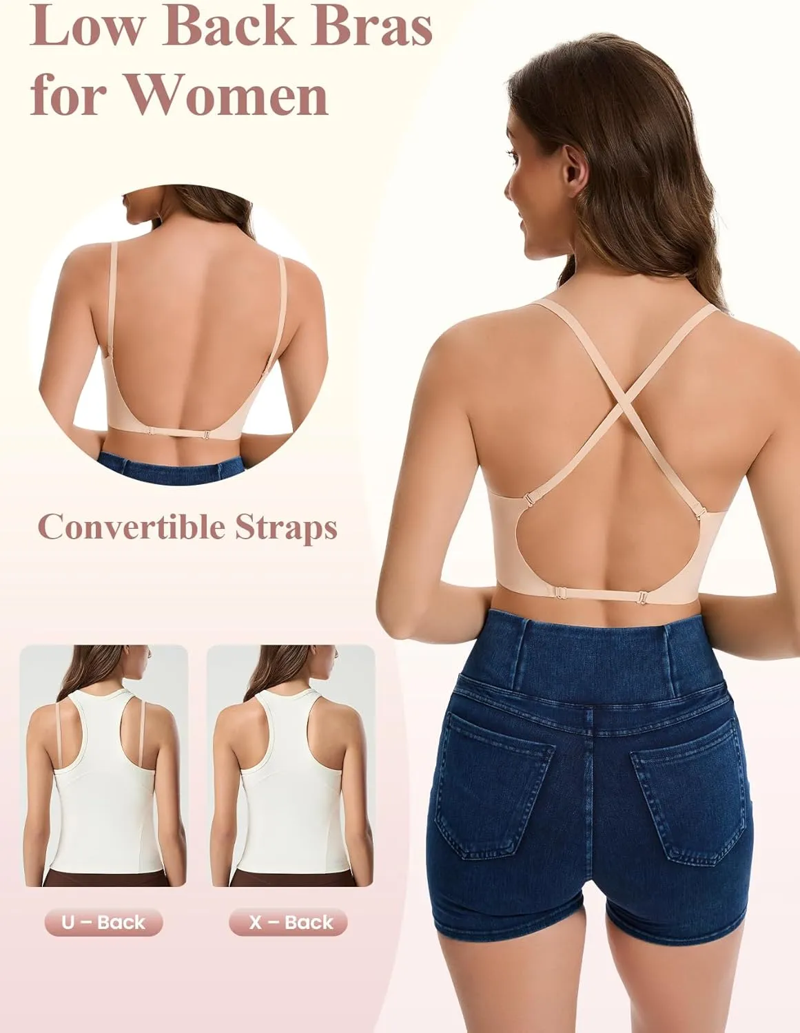 Low Back Bras for Women Seamless Multiway Bralette Removable Pads Open Back Wireless Bra for Backless Dress