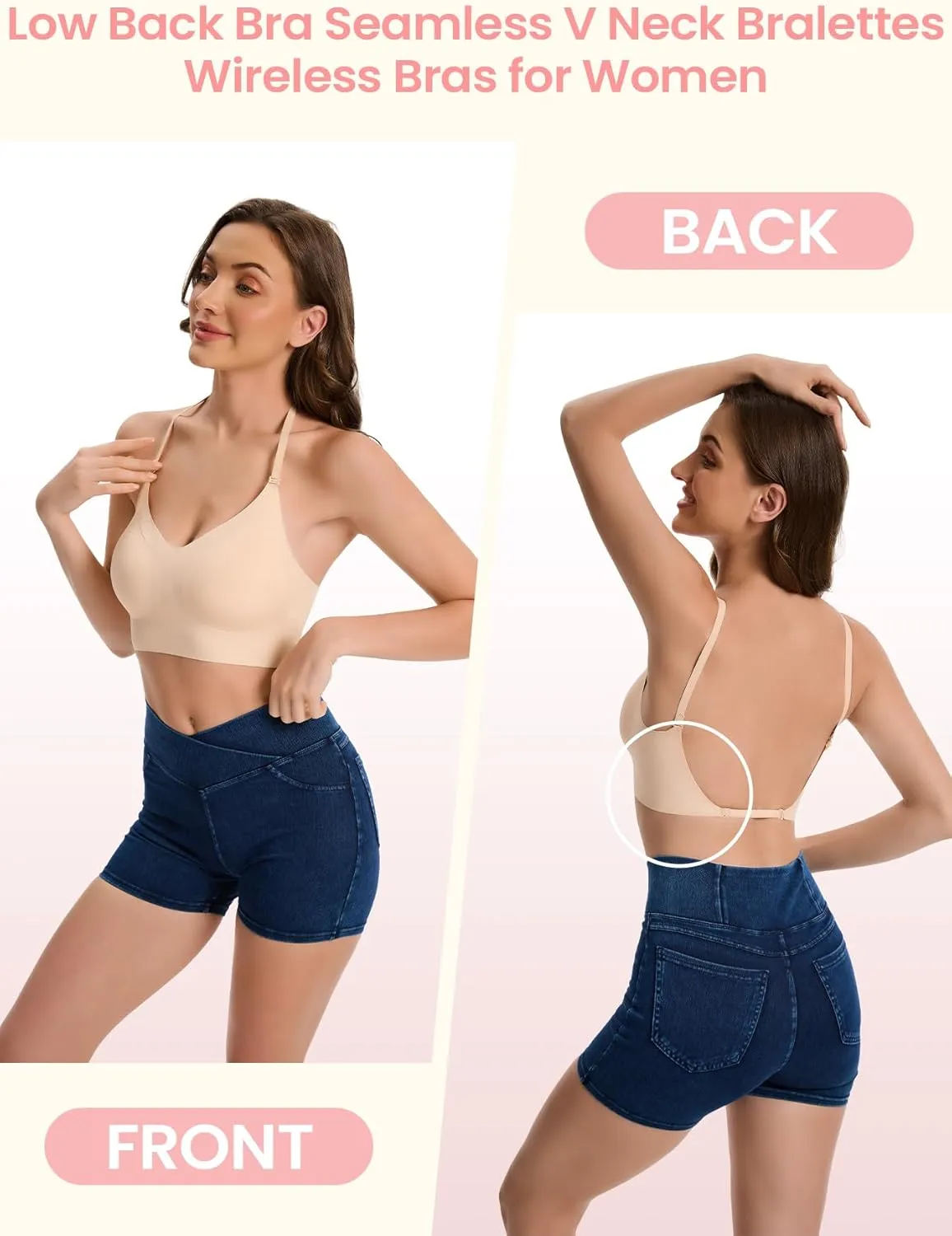 Low Back Bras for Women Seamless Multiway Bralette Removable Pads Open Back Wireless Bra for Backless Dress