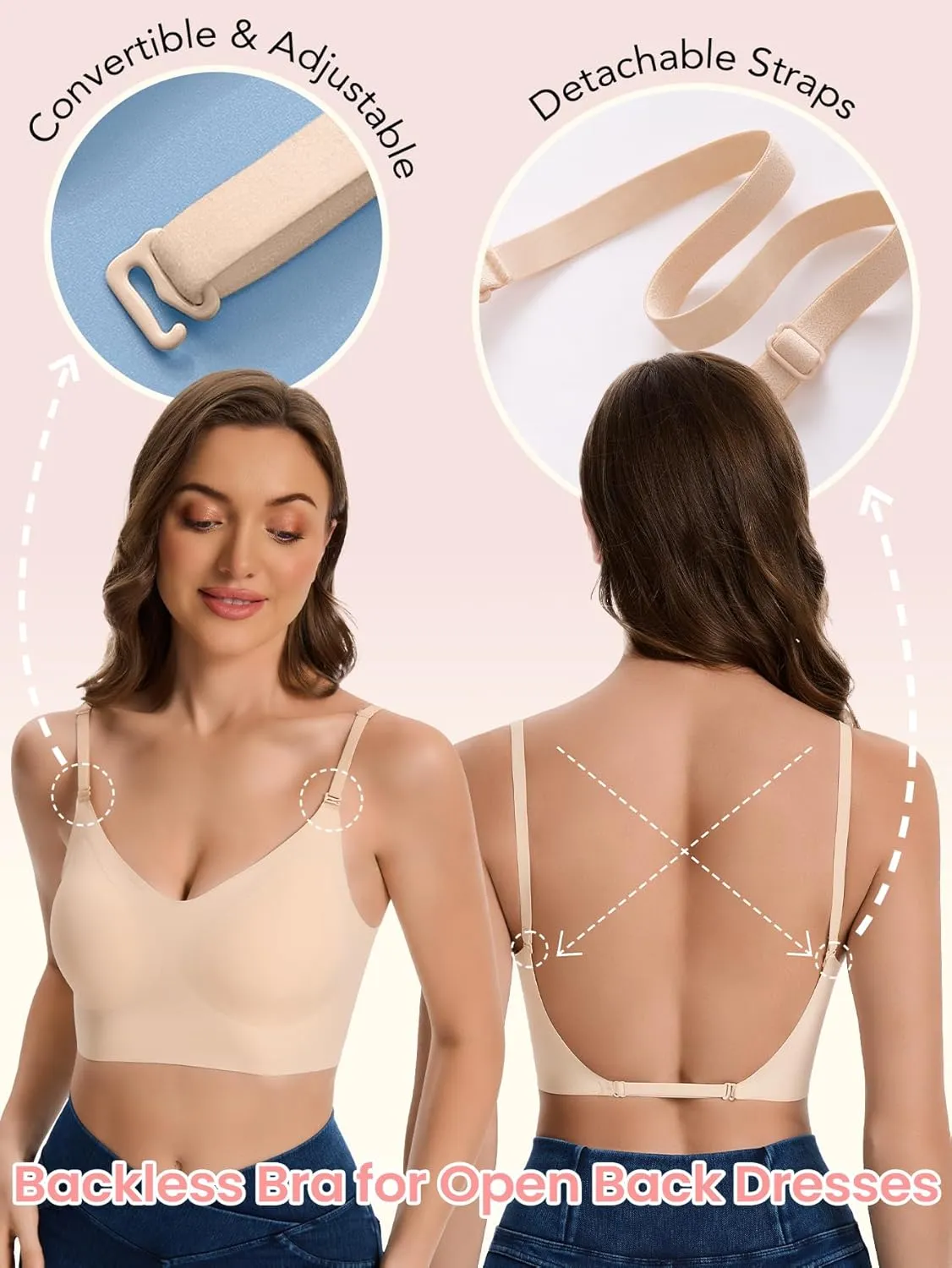 Low Back Bras for Women Seamless Multiway Bralette Removable Pads Open Back Wireless Bra for Backless Dress