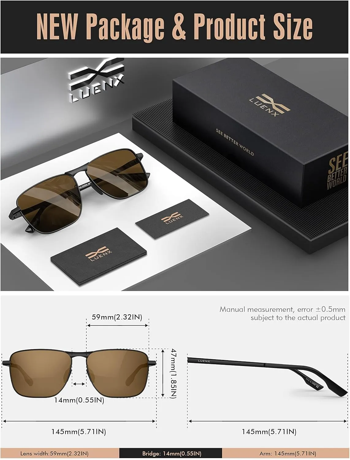 LUENX Rectangular Polarized Aviator Sunglasses for Men Retro Pilot Shades Driving UV400 Protection