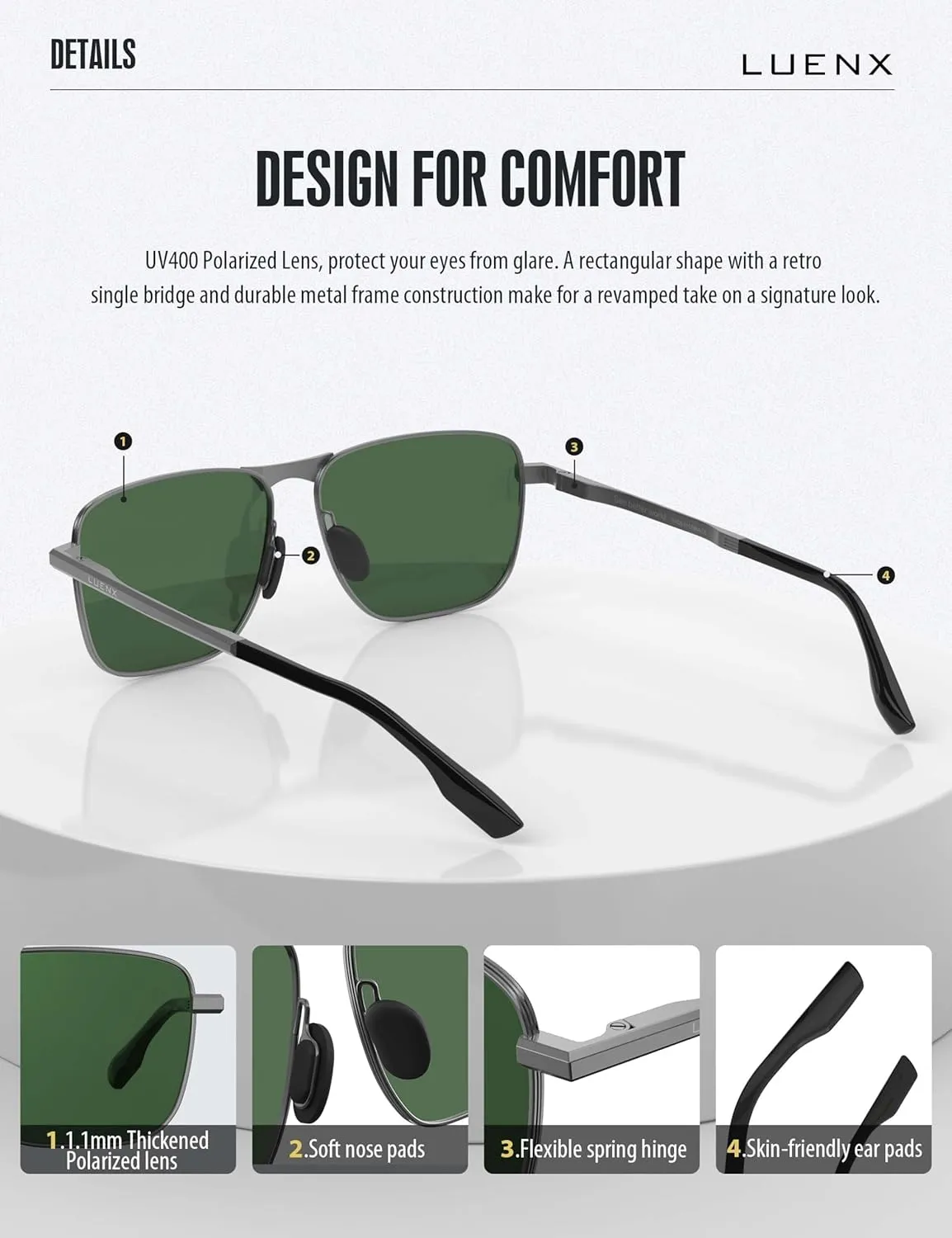 LUENX Rectangular Polarized Aviator Sunglasses for Men Retro Pilot Shades Driving UV400 Protection