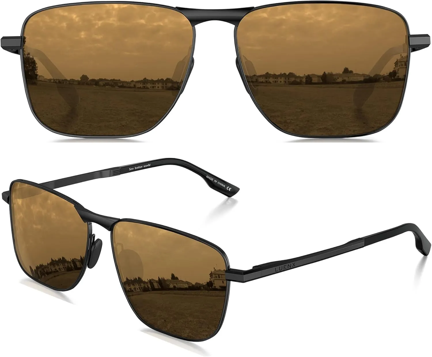 LUENX Rectangular Polarized Aviator Sunglasses for Men Retro Pilot Shades Driving UV400 Protection