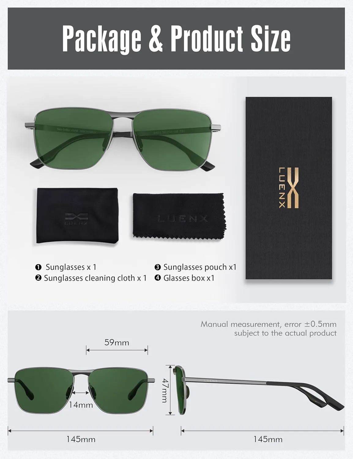 LUENX Rectangular Polarized Aviator Sunglasses for Men Retro Pilot Shades Driving UV400 Protection