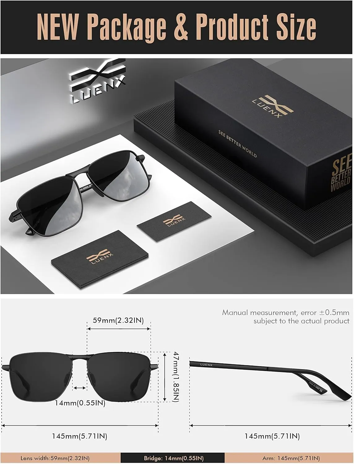 LUENX Rectangular Polarized Aviator Sunglasses for Men Retro Pilot Shades Driving UV400 Protection