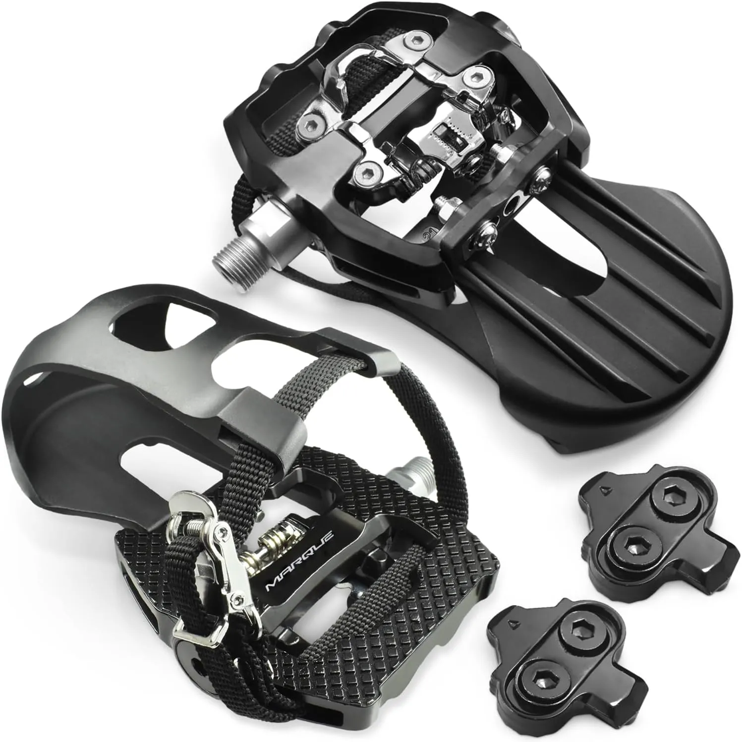 MARQUE SPD Compatible Pedals for Stationary Bike with Toe Cage  Dual Sided Exercise Pedal for Regular Shoes, Indoor Cycling 9/16 Spindle Pedals, Toe Cages Compatible with Peloton