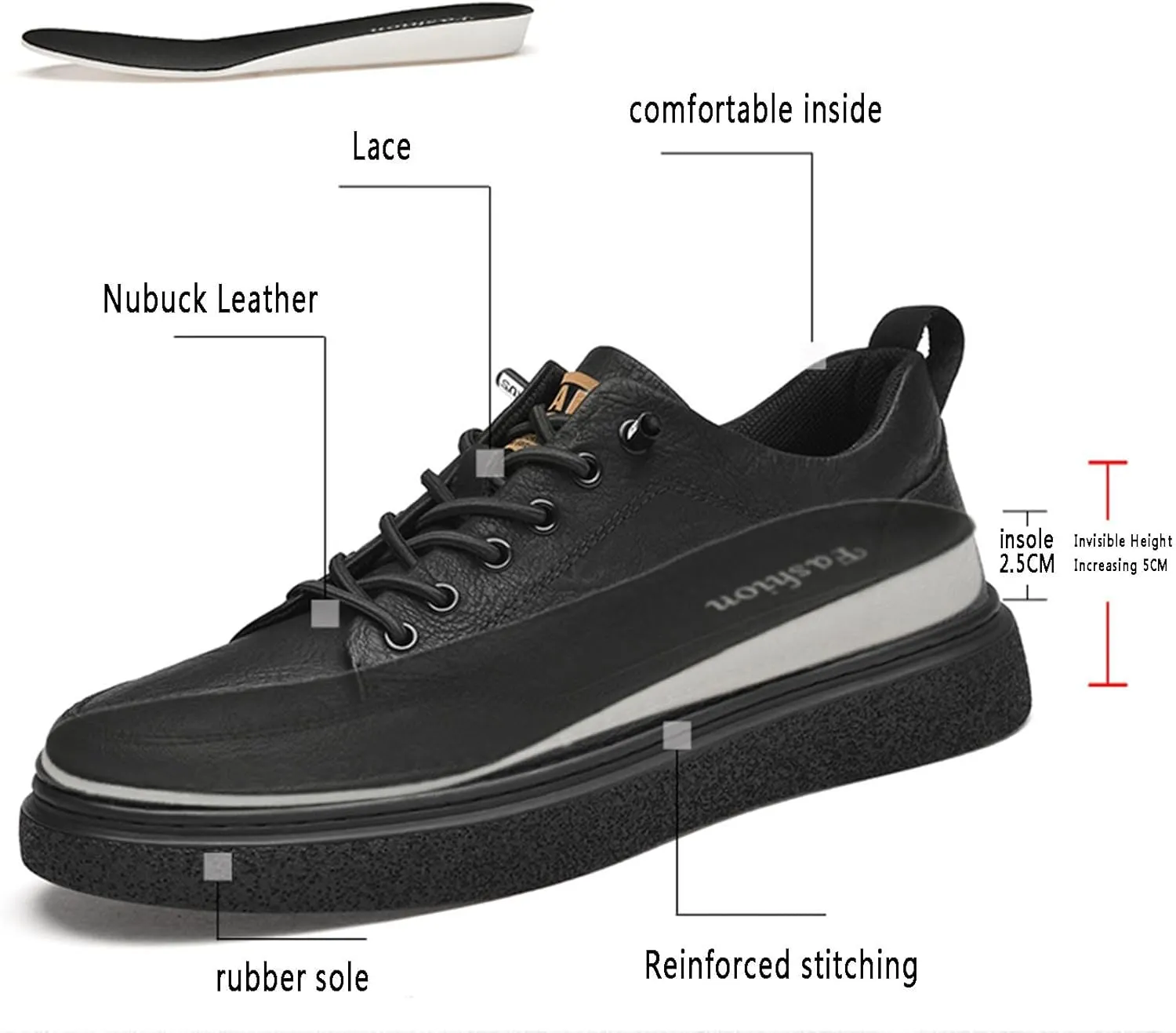 Men's Fashion Casual Oxford Shoes 1.96 Inches Taller Invisible Height Increasing Elevator Shoes Male Lifting Shoes Lace-up Cowhide Leather Dress Shoes
