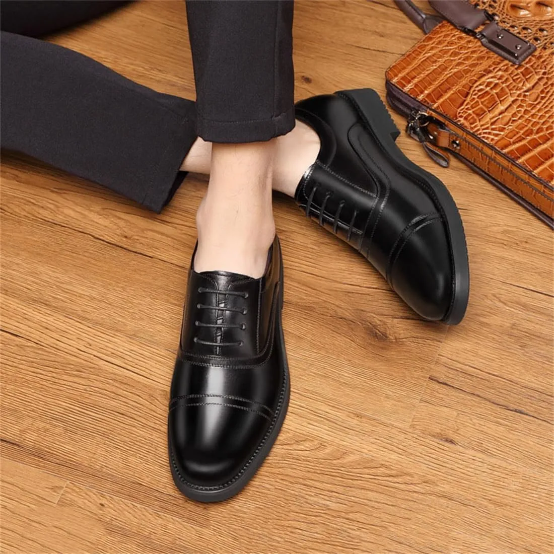 Men's Invisible Height Increasing Elevator Dress Shoes Lace-Up Leather Tuxedo Shoes for Business Wedding Walking