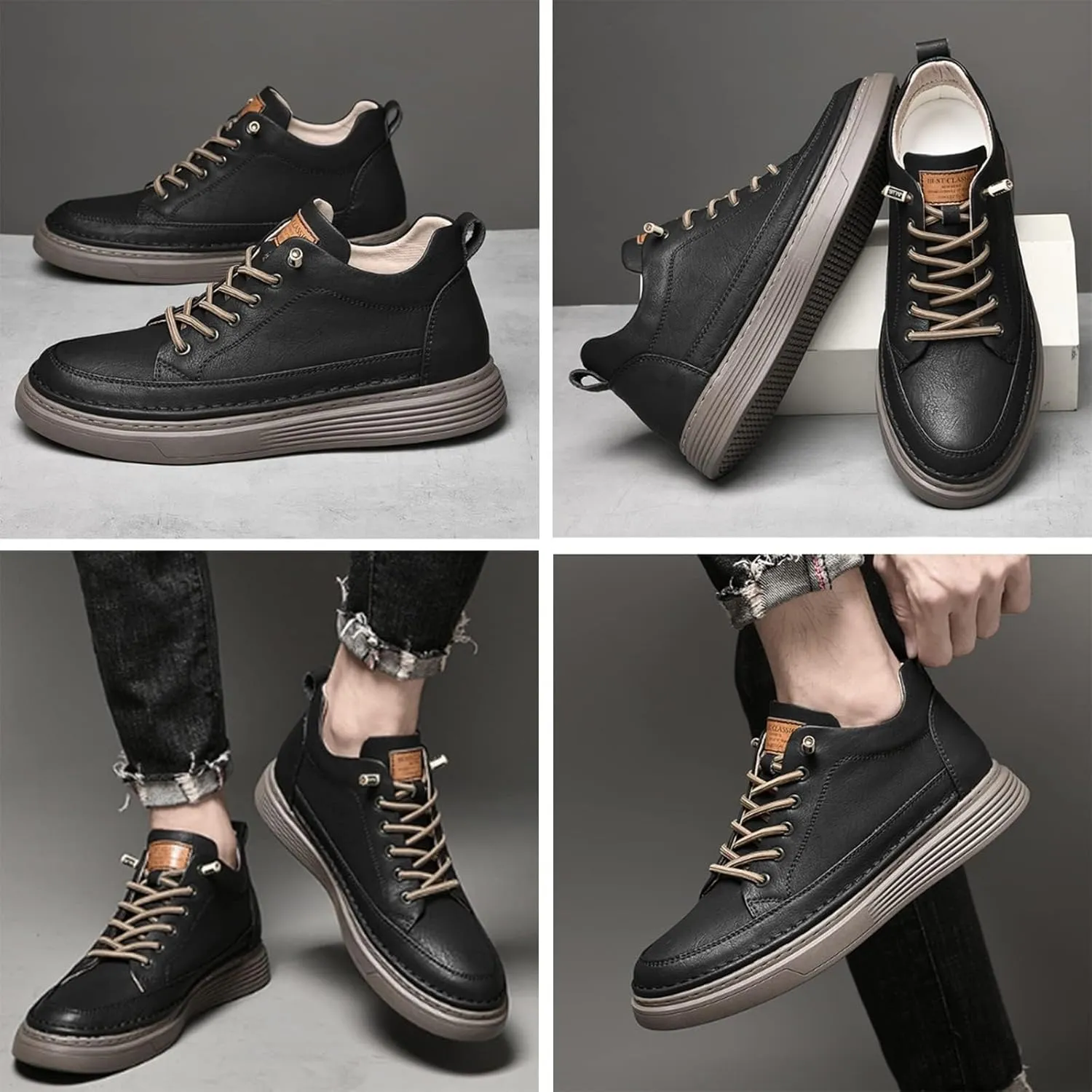 Men's Leather Casual Oxfords Shoes,Invisible Height Increasing Non-Slip Softsole Lace-Up Fashion Sneaker Dress Shoes