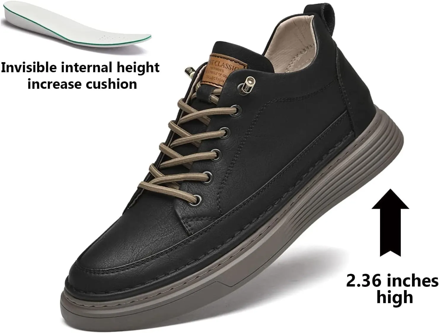 Men's Leather Casual Oxfords Shoes,Invisible Height Increasing Non-Slip Softsole Lace-Up Fashion Sneaker Dress Shoes