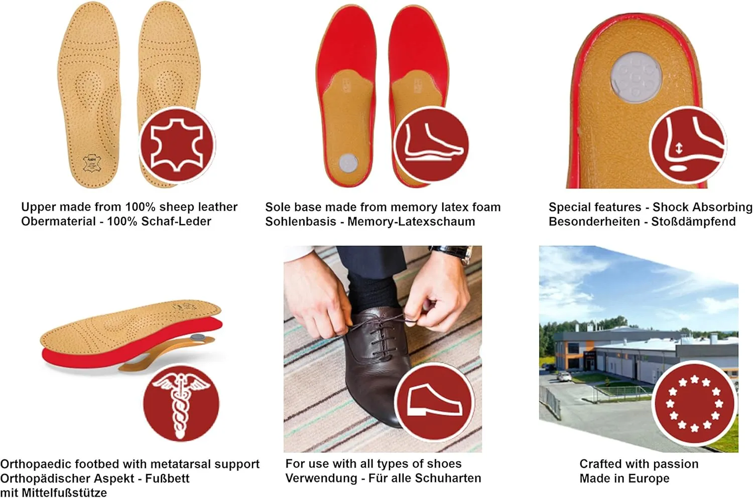 Orthotic Orthopedic Shoe Insoles Inserts with Arch Support Made of Premium Leather and Memory Foam, Kaps Relax Shock Absorber Pecari (39 EUR / 8 US/Women)