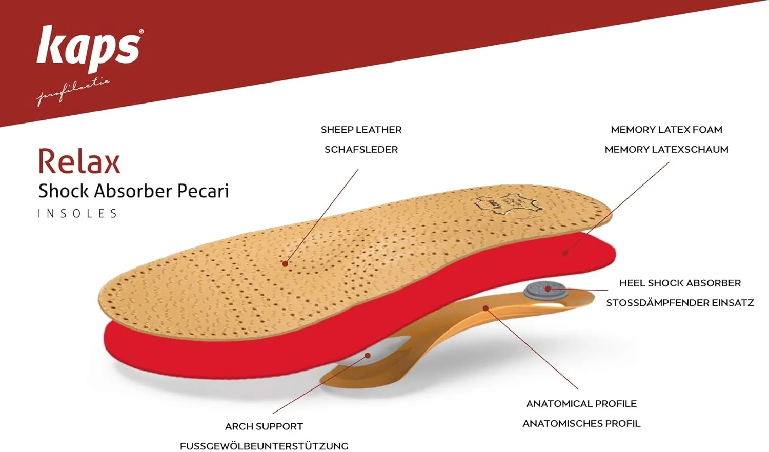 Orthotic Orthopedic Shoe Insoles Inserts with Arch Support Made of Premium Leather and Memory Foam, Kaps Relax Shock Absorber Pecari (39 EUR / 8 US/Women)