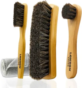 Premium Horsehair Shoe Brush Kit  4-Piece Set of Shoe Brushes Includes Long Handle Brush, Dauber Applicators, Large Buffing Brush & Microfiber Cloth - Ideal Shoe Care Kits for Leather Shoes & Boots.