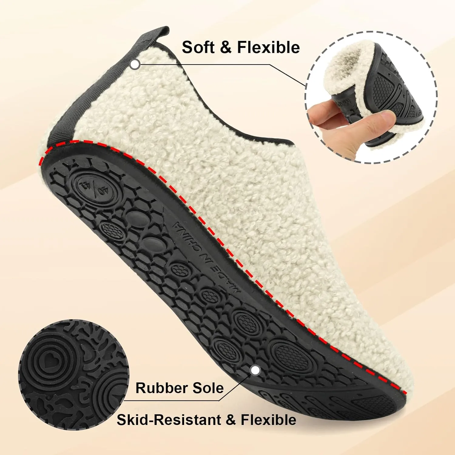 QFH Womens & Mens Cozy House Slippers - Portable Travel Shoes with Flexible Rubber Sole & Soft Velvet Lining
