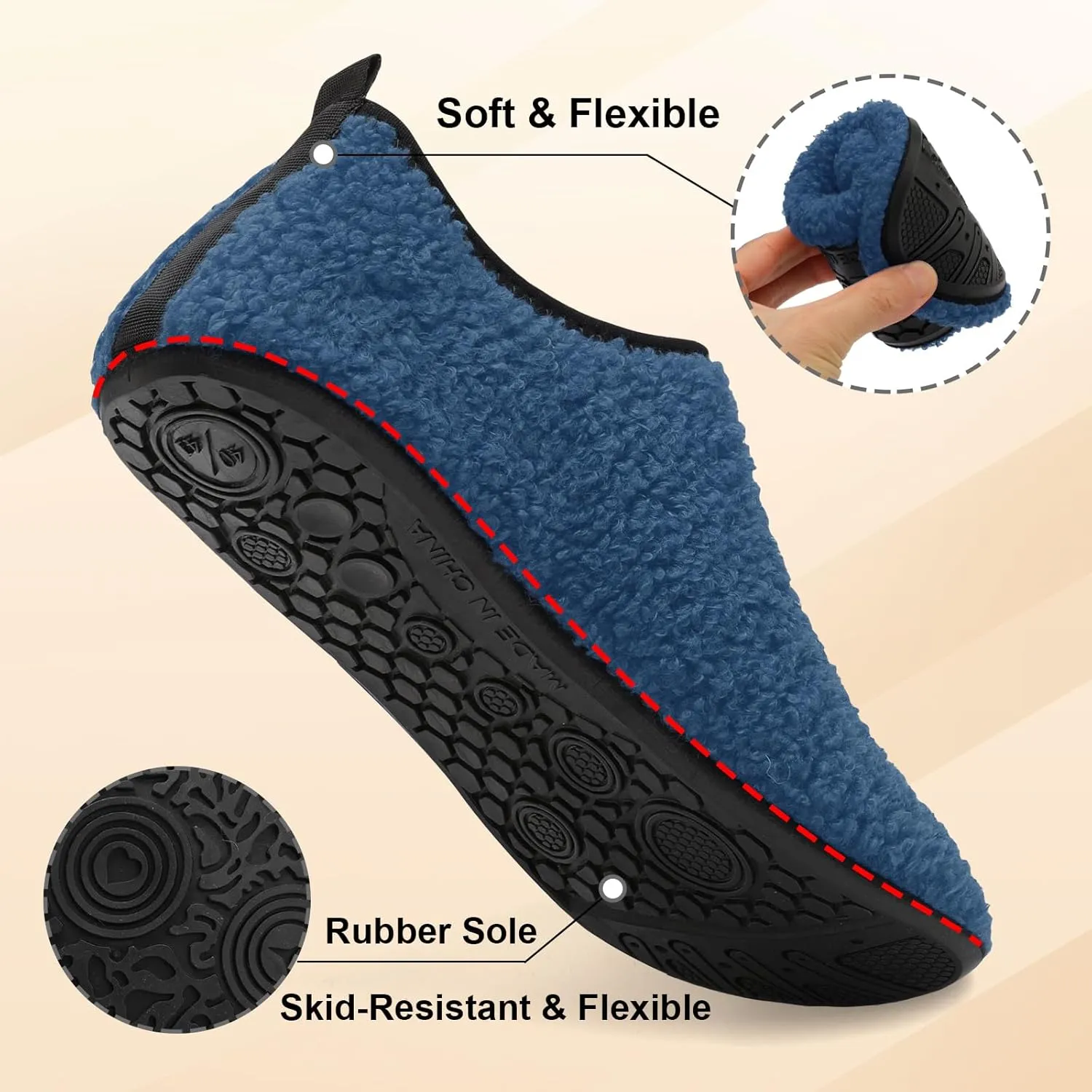 QFH Womens & Mens Cozy House Slippers - Portable Travel Shoes with Flexible Rubber Sole & Soft Velvet Lining