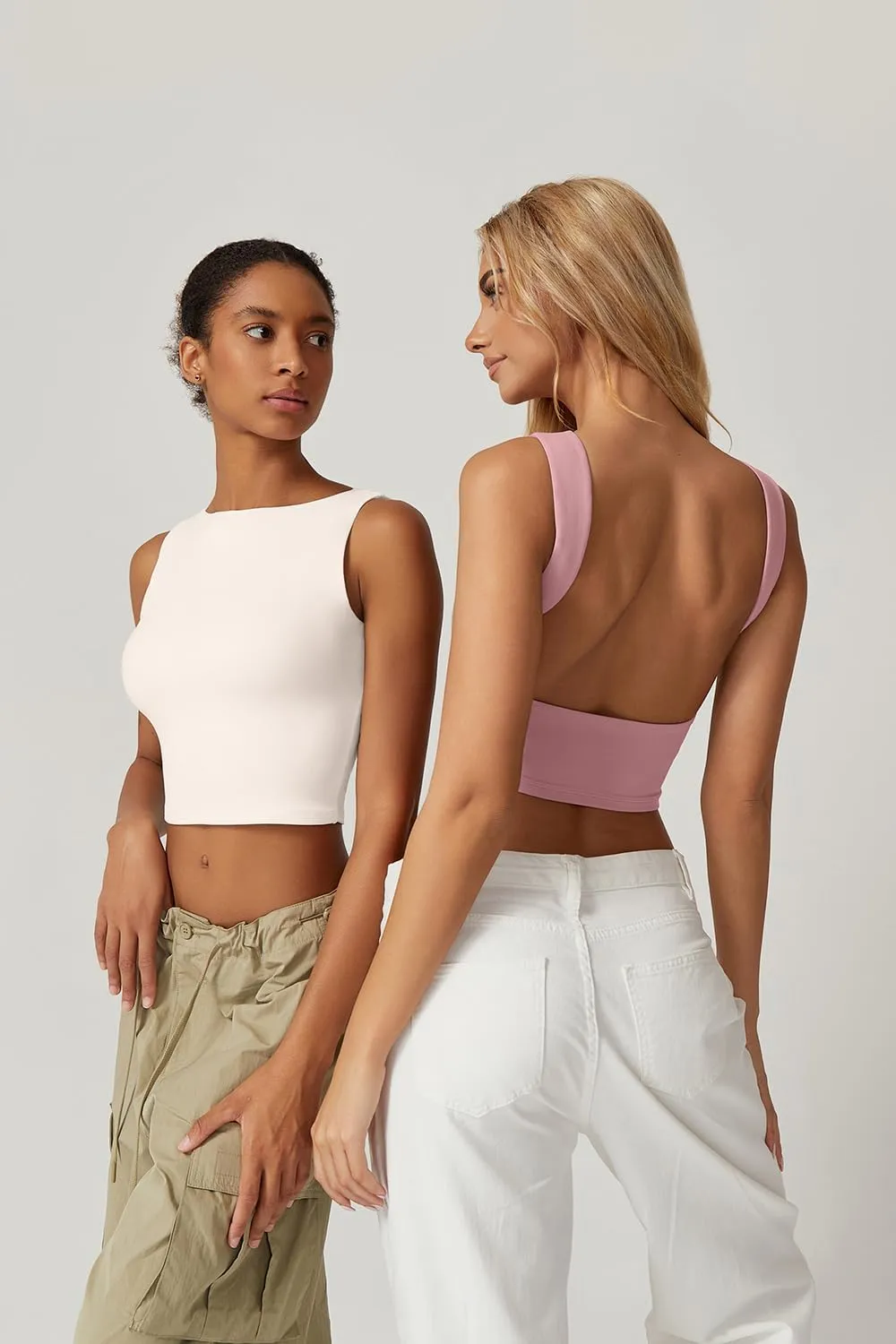 QINSEN Women's Sexy Open Back Sleeveless Crop Tank High Neck Slim Fit Cropped Tee Shirt Y2k Tops
