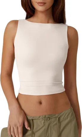 QINSEN Women's Sexy Open Back Sleeveless Crop Tank High Neck Slim Fit Cropped Tee Shirt Y2k Tops