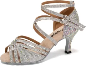 Women's Latin Dance Shoes Open Toe Rhinestones Salsa Bachata Performance Ballroom Dancing Shoes,Model YC-D27-Suede Sole-3 Heel