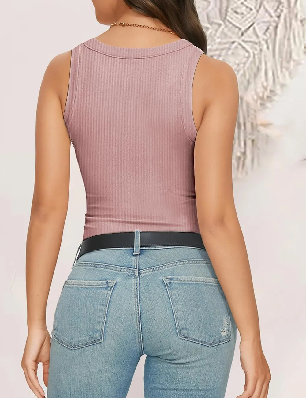 Womens Tank Tops High Neck Sleeveless Ribbed Tank Casual Basic Thick Strap Slim Fitted Racerback Shirts