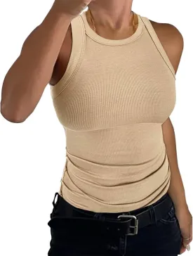 Womens Tank Tops High Neck Sleeveless Ribbed Tank Casual Basic Thick Strap Slim Fitted Racerback Shirts